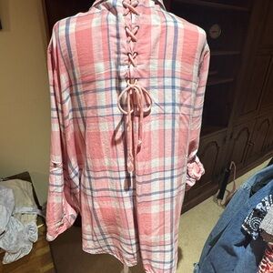 Women’s Pink Plaid Button-Down Shirt with Back Lace-Up Detail